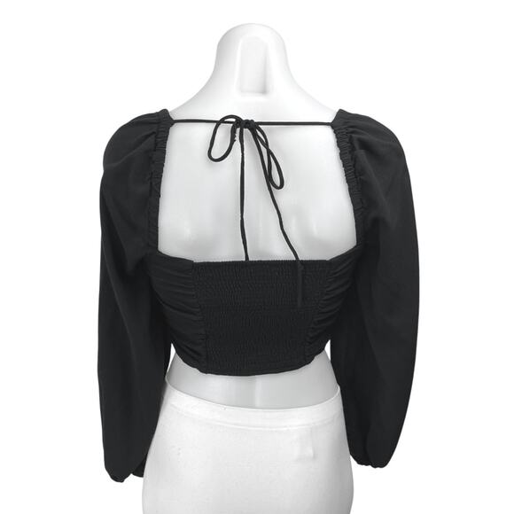 Urban Outfitters Black Long Sleeve Ruched Tie Square Neck Blouse Crop Top Size M - Picture 2 of 4